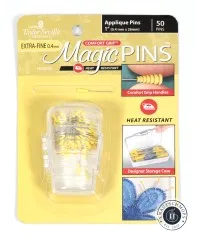 Verpackungskarte der Taylor Seville Magic Pins Applique Extra-Fine in Gelb, 50 Stecknadeln mit Comfort-Grip-Griffen in durchsichtiger Box