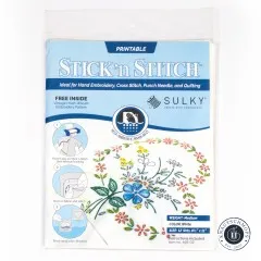 Frontalansicht der Verpackung mit Anleitungsgrafik zum Drucken, Aufkleben und Aussticken.