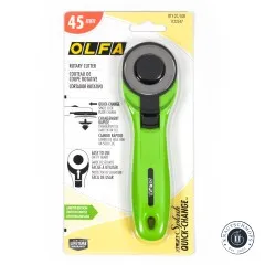 Frontalansicht der Verpackung des Olfa-Rollschneiders 45mm in Limited-Edition-Farbe Lime Green.