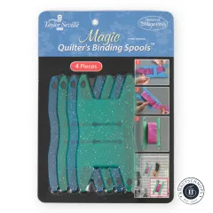 Frontalansicht der Verpackung mit den vier Magic Quilter's Binding Spools in Blau und Grün.
