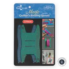 Frontalansicht der Verpackung mit den zwei Magic Quilter's Binding Spools in Blau und Grün.