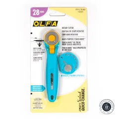 Frontalansicht der OLFA-Verpackung mit Rollschneider und Touch-Knife-Bonus.