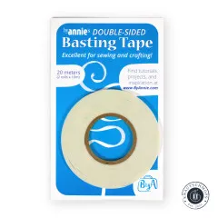 Frontalansicht der Verpackung des ByAnnie's doppelseitigen Basting Tapes mit aufgerollter Klebebandrolle.