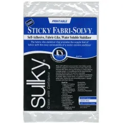 Die Sticky-Fabri-Solvy-Bögen im transparenten Verpackungsbeutel mit sichtbarem Etikett.