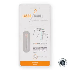 Vorderseite der Verpackung Lasso Nadel Sticken 1 mm mit Anwendungsskizze und Hinweis stumpfe Spitze