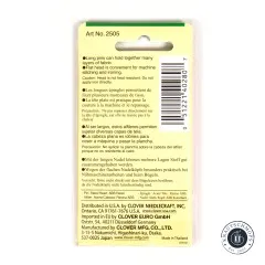 Rückseite der Verpackung mit mehrsprachigem Warnhinweis zur Hitzebeständigkeit der Nadelköpfe