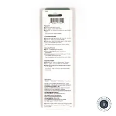 Rückseite der Verpackung mit Produktmerkmalen und Materialangabe (Harnstoffharz).