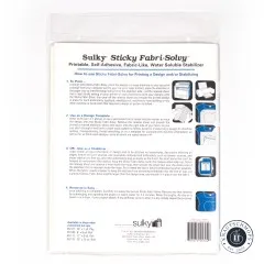 Rückseite der Verpackung mit ausführlicher Anleitung zum Bedrucken und Verwenden von Sticky Fabri-Solvy.