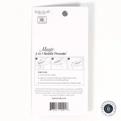 Rückseite der Verpackung mit Schritt-für-Schritt-Anleitung zum Einfädeln in drei Schritten.