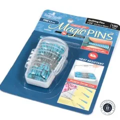 Schräg fotografierte Verpackung der Magic Pins Quilting Blau mit Blick auf Storage-Box und Nadeln.