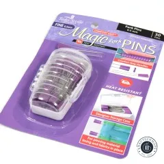Schraeg fotografierte Verpackung der lila Fork Pins mit Aufbewahrungsbox und Anwendungsbeispielen
