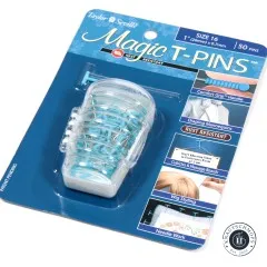 Schräg fotografierte Verpackung der Magic T-Pins Größe 16 mit Blick auf Storage-Box und T-Nadeln.