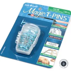 Schräg fotografierte Verpackung der Magic T-Pins Größe 20 mit Blick auf Storage-Box und T-Nadeln.