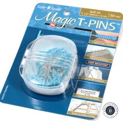 Schräg fotografierte Verpackung der Magic T-Pins Größe 24 mit Blick auf Storage-Box und T-Nadeln.