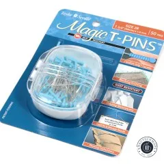 Schräg fotografierte Verpackung der Magic T-Pins Größe 28 mit Blick auf Storage-Box und T-Nadeln.