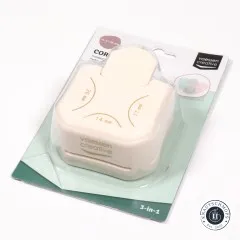 Verpackter Eckenstanzer schräg fotografiert mit den drei Stanzgrößen auf der Oberseite.