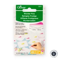 Verpackung der Clover Wonder Pins von vorne mit Größenangabe und Anwendungsbeispiel