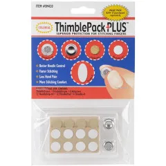 Verpackung des Colonial ThimblePack Plus mit ThimbleCrown, ThimbleDimple, ThimblePad, NeedleGrip-It und Thimble-It Fingerschutz-Set.