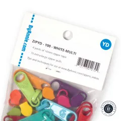 Verpackungsrückseite mit Produktinfos: 4 Yards Zipperband und 16 XL-Anhänger