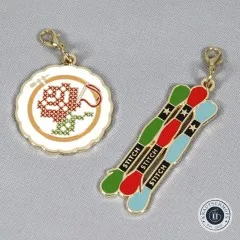 Die Zipper-Charms-Karte mit Stickrahmen- und Stickgarn-Anhänger in schräger Perspektive.