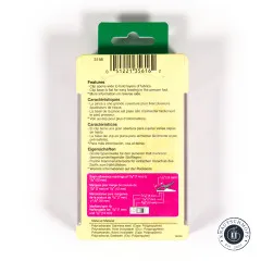 Rückseite der Verpackung mit Produktmerkmalen und Nahtzugabe-Markierungen in mehreren Sprachen.