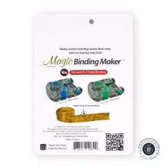 Rückseite der Verpackung mit Erklärung des Magic Binding Maker und Hinweisen zu 2 1/2" und 2 1/4" breitem Schrägband.