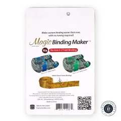 Rückseite der Verpackung mit Erklärung des Magic Binding Maker und Hinweisen zu 2 1/2" und 2 1/4" breitem Schrägband.