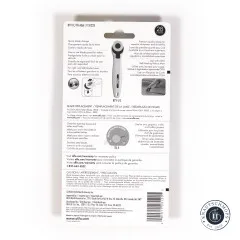 Rückseite der Verpackung mit Produktmerkmalen, Klingenwechsel-Hinweis und Sicherheitshinweisen in mehreren Sprachen.