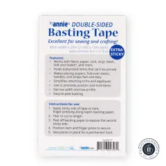 Rückseite der Verpackung mit Eigenschaften und fünfstufiger Anwendungsanleitung des doppelseitigen Basting Tapes.