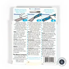 Rückseite der Verpackung mit dreisprachiger Bebilderungs-Anleitung (Englisch, Spanisch, Französisch) zum Anwenden des Bügelvlies-Bandes sowie Kontaktdaten von The Warm Company.