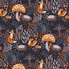 Nachtblaues Stoffdesign mit Füchsen, Igeln, Hasen, Fliegenpilzen und Eicheln zwischen Blättern und Zweigen
