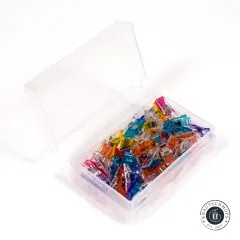 Geöffnete transparente Aufbewahrungsbox gefüllt mit bunten Clover Wonder Clips